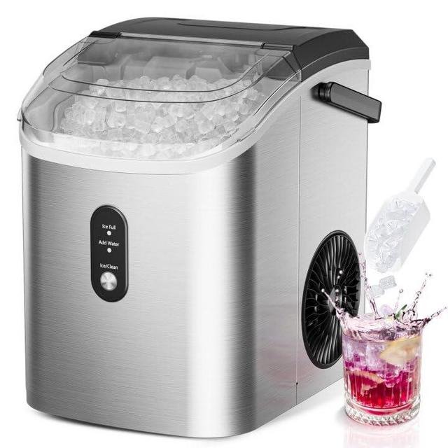 EUHOMY Nugget Ice Maker Countertop with Handle, Ready in 6 Mins, 34lbs/24H, Removable Top Cover, Auto-Cleaning, Portable Sonic Ice Maker with Basket and Scoop, for Home/Party/RV/Camping. (Silver)