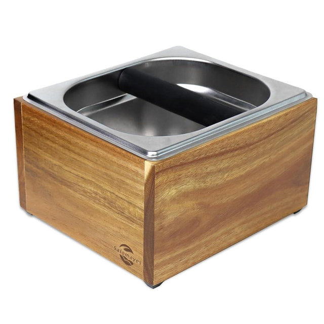 Acacia Wood Espresso Knock Box, Large Capacity with Stainless Steel Interior, Silicone Knock Bar, Anti-Slip Base, Noise-Reducing & Shock-Absorbing Design, Removable for Easy Cleaning