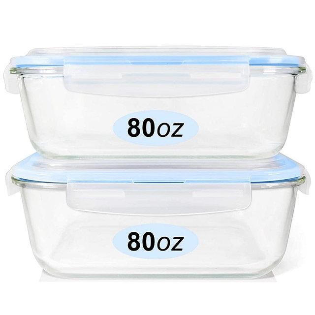 Glass Food Storage Containers Set, Large Size Glass Containers with Lids, BPA-free Locking lids, 100% Leak Proof Glass Meal Prep Containers, Freezer to Oven Safe (2 Pack of 80oz)