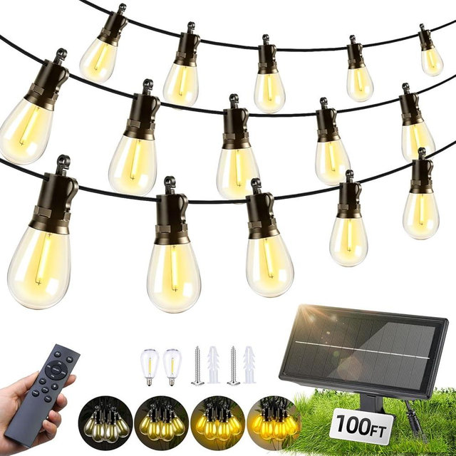 FUANXIEI Solar Lights Outdoor Patio Lights: S14 30M 100FT Solar Powered Remote Control 3 Light Modes Dimmable Solar Waterproof Light - Shatterproof Bulbs - Camping Backyard Garden Deck Outside Yard