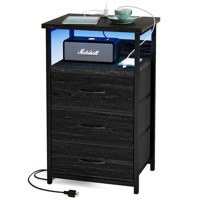 Fixwal Night Stand with Charging Station, LED Nightstand with Fabric Drawers, End Table with PU Finish, Bed Side Table, Black Oak