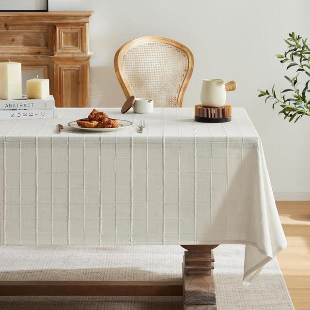 ZeeMart Linen Checked Table Cloth, Farmhouse Style Plaid Embroidered Neutral Tablecloth, Water Resistant Rectangle Table Cloth, Ivory 52x70 Inches