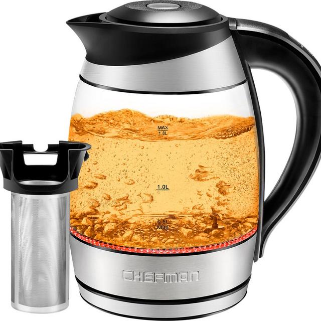 CHEFMAN - 1.8 Liter Electric Glass Kettle with 5 Presets & LED Indicator Lights, Removable Tea Infuser - Stainless Steel/Black
