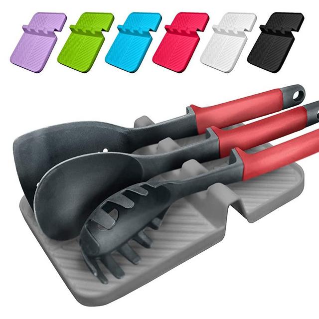 Luxet Updated Spoon Rest for Kitchen Counter, Heat-Resistant Silicone Utensil Rest for Countertop with Drip Pad,Non-Slip Spoon Holder for Stove Top Kitchen and Grill Utensil Holder Lid BPA-Free, Grey
