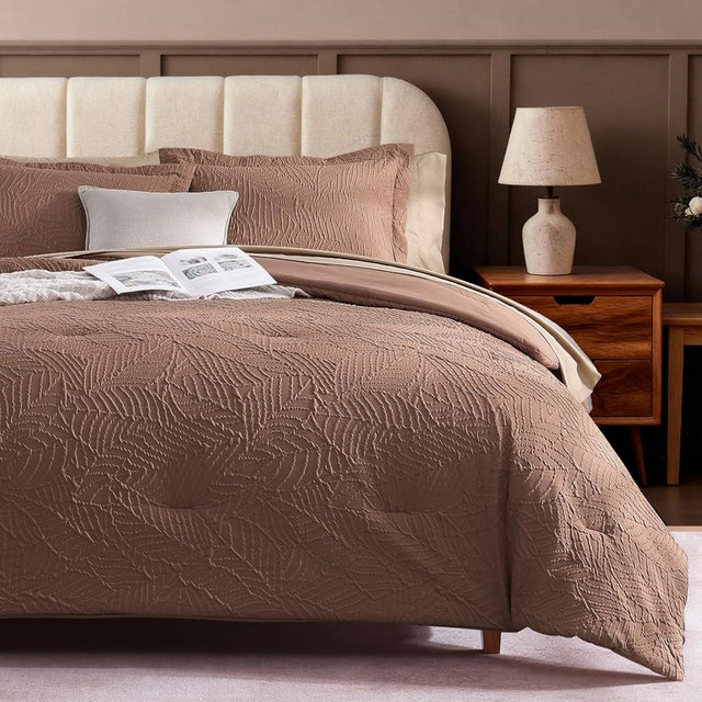 Geniospin King Size Comforter Set - 7 Pieces Brown Textured King Bedding Sets with Comforter, Sheets, Pillowcases & Shams，All Season Brown Bedding