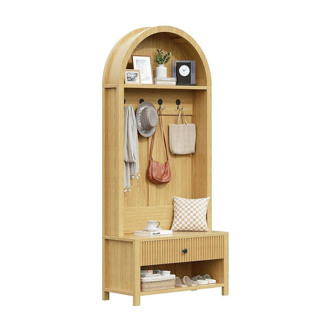 MJADUE 70.86" Hall Tree with Bench and Shoe Storage, Entryway Hall Tree, 4-in-1 Arch Coat Rack Freestanding with Fluted Doors, Retro Coat Tree, Furniture Organizer for Hallway, Entryway, Natural Oak