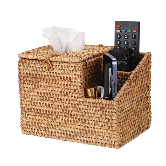 Sumnacon Tissue Box Square Tissue Box Cover with Storage Rattan Tissue Box Holder with 2 Side Organizer,Wicker Tissue Cover Cube Tissue Holder for Bathroom Living Room Table Desk Office