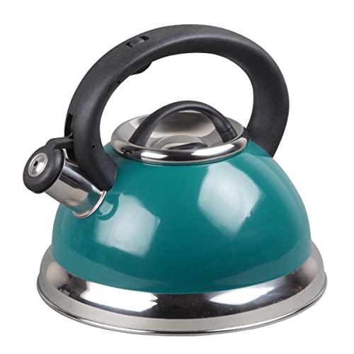 Creative Home Alexa Stainless Steel Whistling Tea Kettle with Aluminum Capsulated Bottom for Quick Heat Distribution, 3.0 Quart, Aqua
