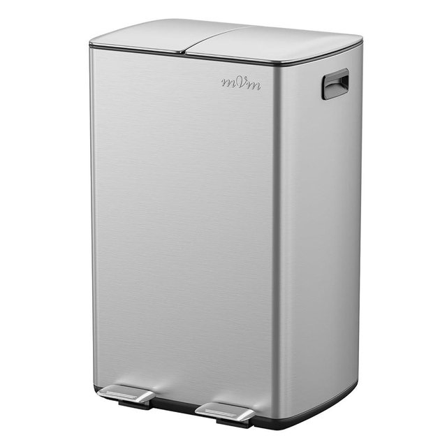 mVm 16Gal / 60L Dual Compartment Kitchen Trash Can, 2x8 Gallon Stainless Steel Recycling Bin Combo for Wet/Dry Waste Separation,Soft-Close Anti-Fingerprint.Garbage Can for Kitchen Living Room (Silver)
