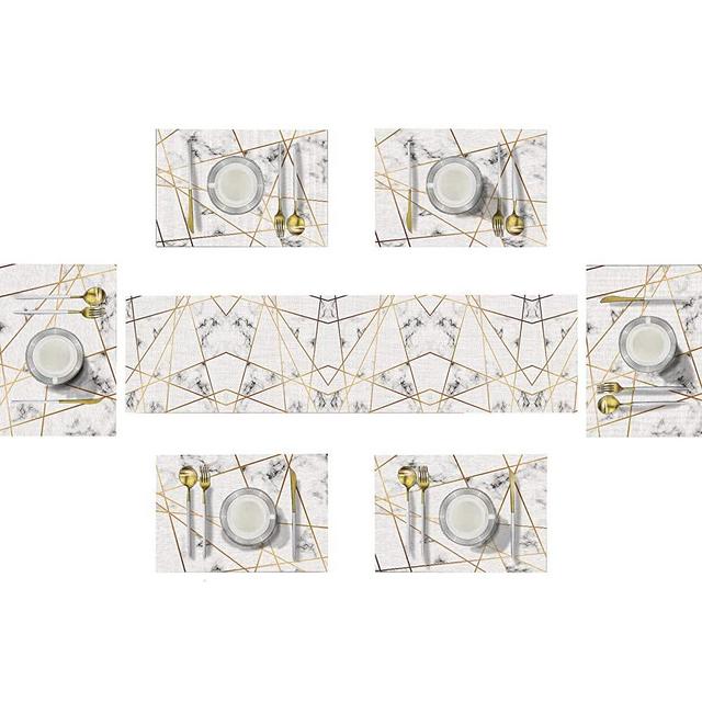 Emvency White and Gold Geometric Placemats for Dining Table Set of 6 and Table Runner,Marble Cotton-Linen Heat Resistant Table Runner and Placemats Set for Party Banquet Wedding Decor