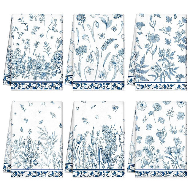 Redbaker 6 Pcs Floral Kitchen Towels Blue White Wildflower Dish Towels Chinoiserie Plants Hand Towels Spring Flower Tea Towels for Holiday Garden Bathroom Home Housewarming Gift, 14.2 x 21.3 Inch