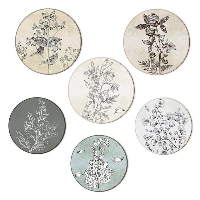 Barydat 6 Pieces Botanical Plant Wall Art Print Set Boho Wooden Wall Print Neutral Vintage Floral Wall Decor Minimalist Hanging Art Wall Decor Farmhouse Bedroom Living Room Office (Round)