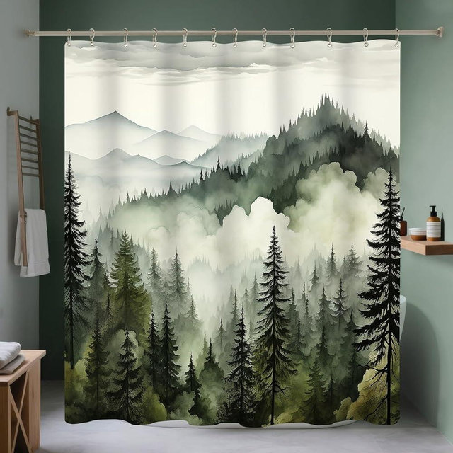 BayNook Dark Green Misty Forest Shower Curtain, Mountain Nature Shower Curtain for Bathroom, Rustic Woodland Pine Tree Landscape Mens Decor Waterproof Fabric Shower Curtain Set with Hooks, 72x72