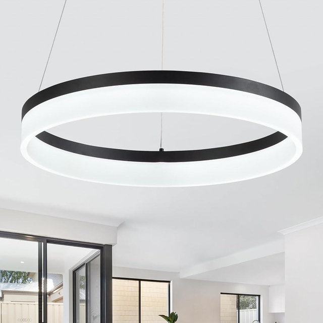 Buccleuch Black LED Chandelier, Dimmable Round Chandelier for Dining Room Light Fixture Over Table, 19.7 inch Modern Pendant Light for Kitchen Island, Height Adjustable Acrylic Ceiling Light