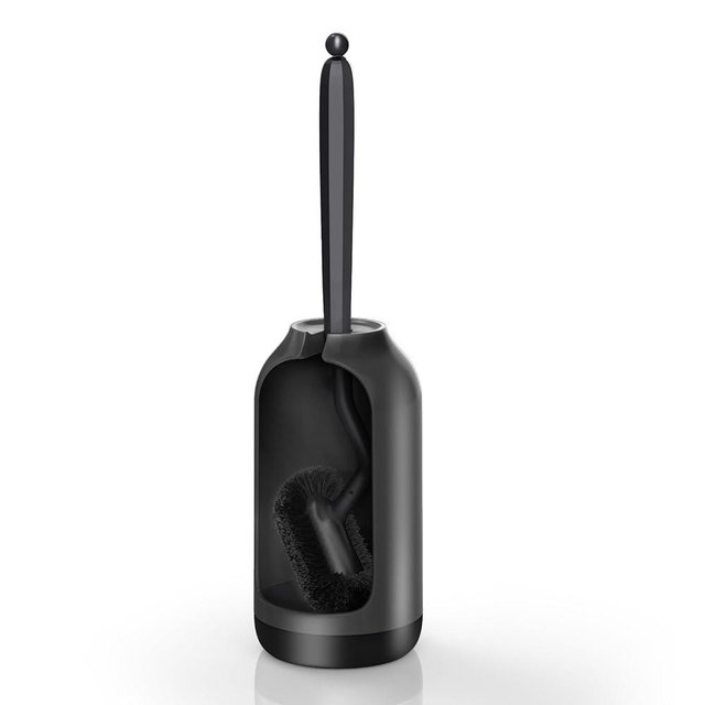 HAMITOR Toilet Bowl Brush Holder Set: Bathroom Deep Cleaning Toilet Cleaner Scrubber Under Rim with Curved Bristle for Dead Corner Clean - Hidden Rv Toilet Decorative Accessories with Caddy- Black