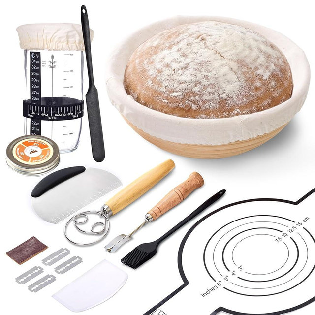 Sourdough Starter Kit with 9" Banneton Basket, 14 Piece Breads Making Set, 24oz Glass Jar, Dough Whisk, Bread Lame with Blades, Silicone Sling & Recipe Book, Complete Sourdough Bread Baking Supplies