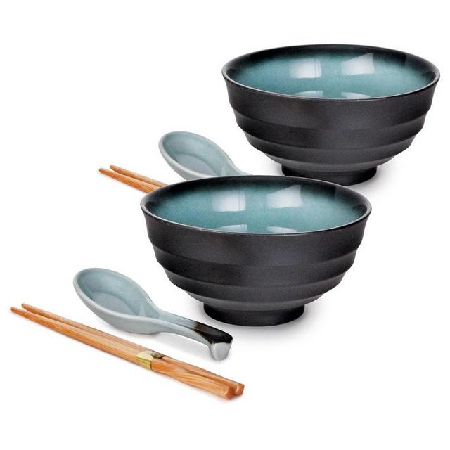 Japanese Style Turquoise 6 Piece Quality Porcelain 20 fl oz Multi Purpose Noodle Bowl Set of 2 With Matching Spoon and Bamboo Chopsticks
