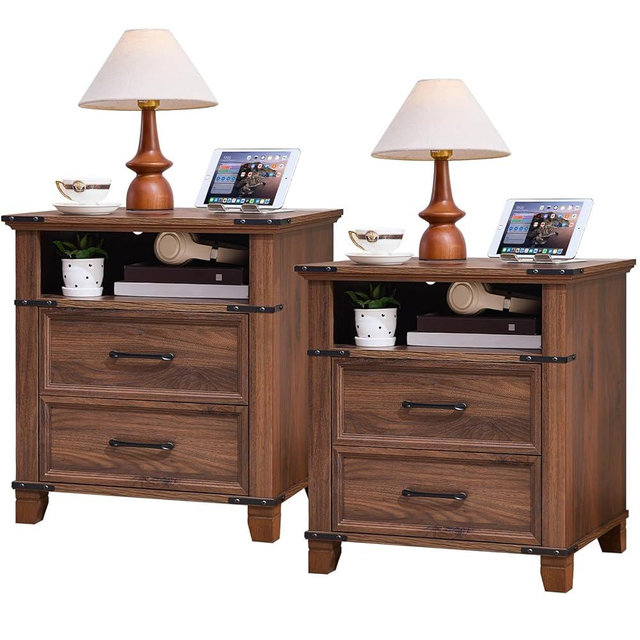 Senfarime 22" Nightstand, 2PCS Farmhouse Nightstand with 2 Drawers,Industrial Bedside Table with Open Shelf for Bedroom Living Room,Office Bed Side Tables Couch End Table,Brown