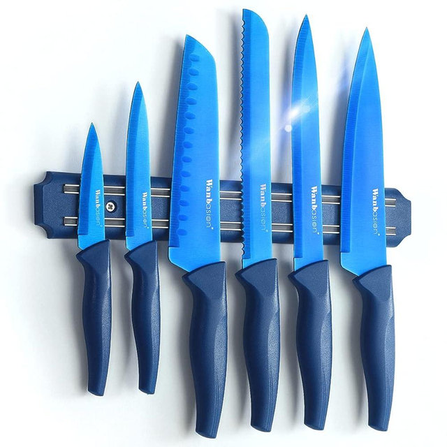 Wanbasion 7 Piece Blue Kitchen Knife Set with Magnetic Strip, Kitchen Knife Set Stainless Steel, Sharp Knife Set for Kitchen for Meat Vegetable Cutting