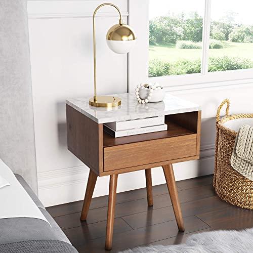 Nathan James Mid-Century James Faux Accent Side or End Table with Walnut Finish and Marble Tabletop with Storage, Wood Frame, White/Brown