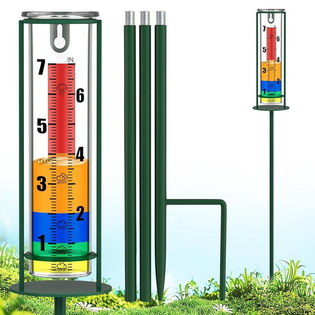 Suggant Rain Gauge Outdoor, 7" Capacity Rain Gauge with Metal Stake, Glass Rain Gauge Outdoors Best Rated Decorative for Yard, Garden, Deck, Lawn, Landscape(Colorful)