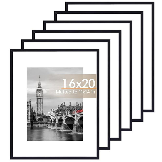 Fixwal 16x20 Picture Frame Set of 6 with Shatter Resistant Plastic Glass, Thin Border Light Weight Poster Frames for Wall Gallery Display, Black