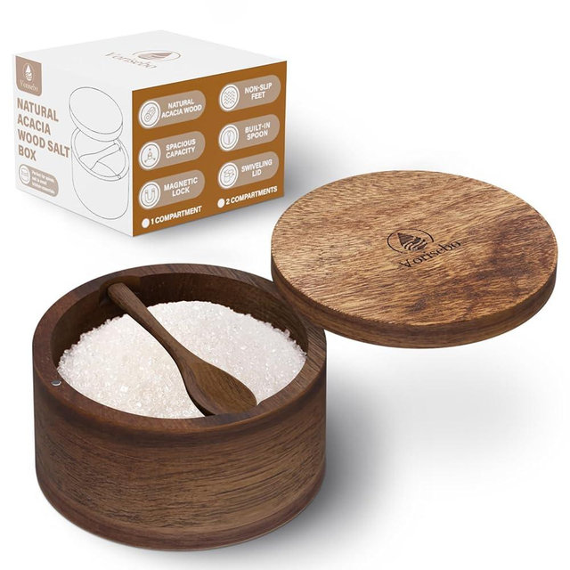 Vorisebo Acacia Wood Salt Container with Built-in Spoon, Elegant Salt Holder with Magnetic Swivel Lid, Salt Box for Kitchen to Storage Pepper, Spice or Favorite Seasonings, 6OZ