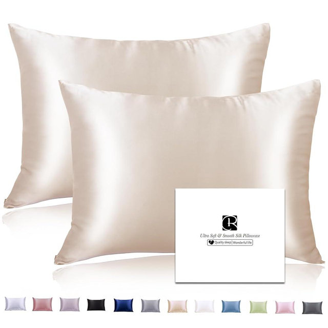 Silk Pillow Cases 2 Pack for Hair and Skin, Ravmix Cooling Pillow Cases Both Sides Mulberry Silk Pillowcases Set of 2 with Hidden Zipper, Queen Size 20×30inches, Cream Beige