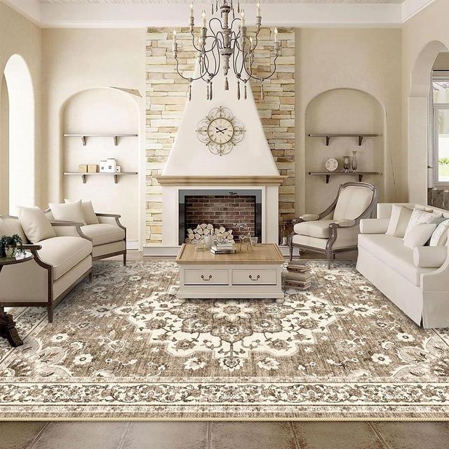TOPRUUG Washable Oriental Area Rug - 9x12 Rugs for Living Room Soft Carpet for Bedroom Waterproof Floral Distressed Indoor Stain Resistant Non-Shedding Floor Carpets (Beige, 9x12)