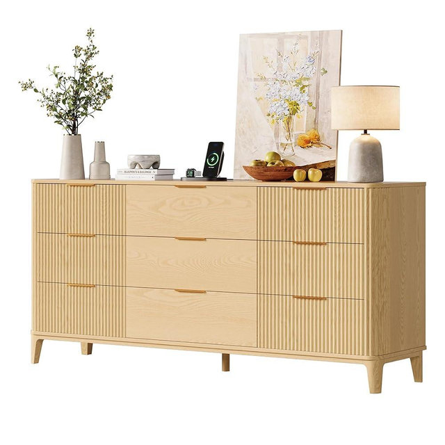 TOKSOM 63" Fluted 9 Drawers Dresser for Bedroom, Modern Tall Chest of Drawers Wood Grain, Farmhouse Wooden Vertical Dresser, Curved Profile Design, Wood Drawer Organizer for Closet, Hallway Natural