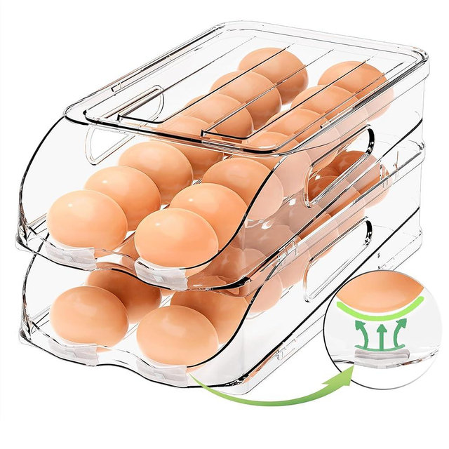 SMRCAD Egg Holder for Fridge, Automatic Steady Rolling Egg Container with Soft Bumpers & Handle for Refrigerator, Stackable Fridge Organizers and Storage with Lid