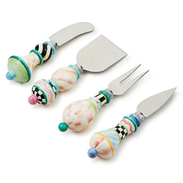 MACKENZIE-CHILDS Set of 4 Cheese Spreader Set, Stainless-Steel Butter Spreaders, Rosy Meadow
