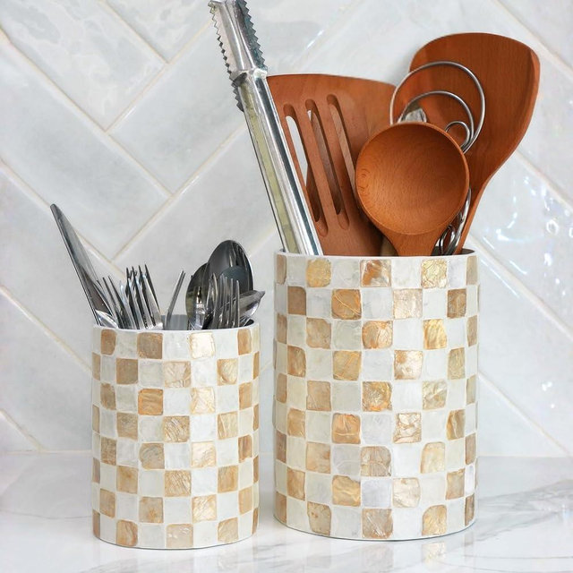 Chi An Home 7.4", 5.8" Capiz Shells Utensil Holder, Checkered Utensil Holder for Countertop, Utensil Crock Cutlery Holder for Cooking Tools Spatulas Spoons Kitchen Counter, Set of 2 (Ivory)