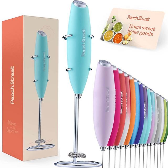 Powerful Handheld Milk Frother, Mini Milk Foamer, Battery Operated (Not included) Stainless Steel Drink Mixer with Frother Stand for Coffee, Lattes, Cappuccino, Frappe, Matcha, Hot Chocolate. (Aqua)