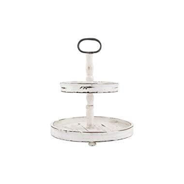 Creative Co-op Distressed Wood 2-Tier Tray with Metal Handle, Cream