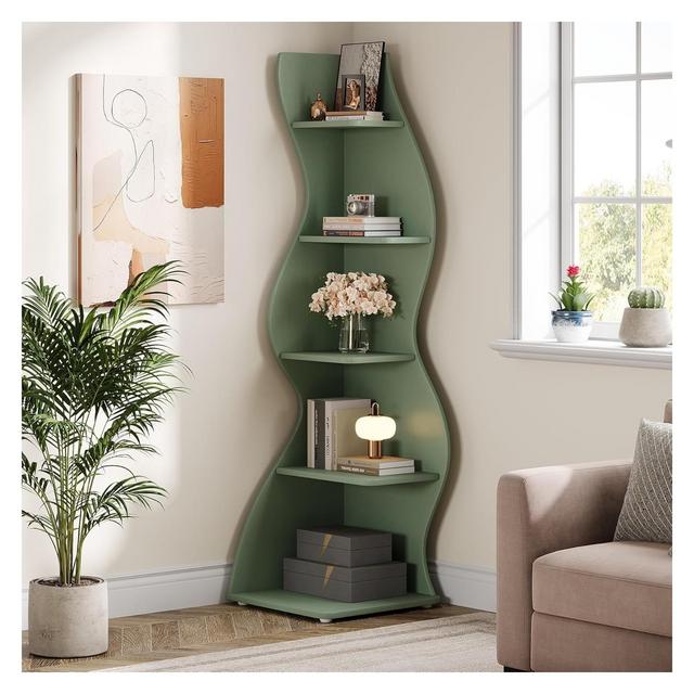 Lantine Wavy Corner Shelf, Modern 5-Tier Bookshelf Bookcase with Curvy Shape, Unique Plant Stand Display Rack for Living Room Small Space