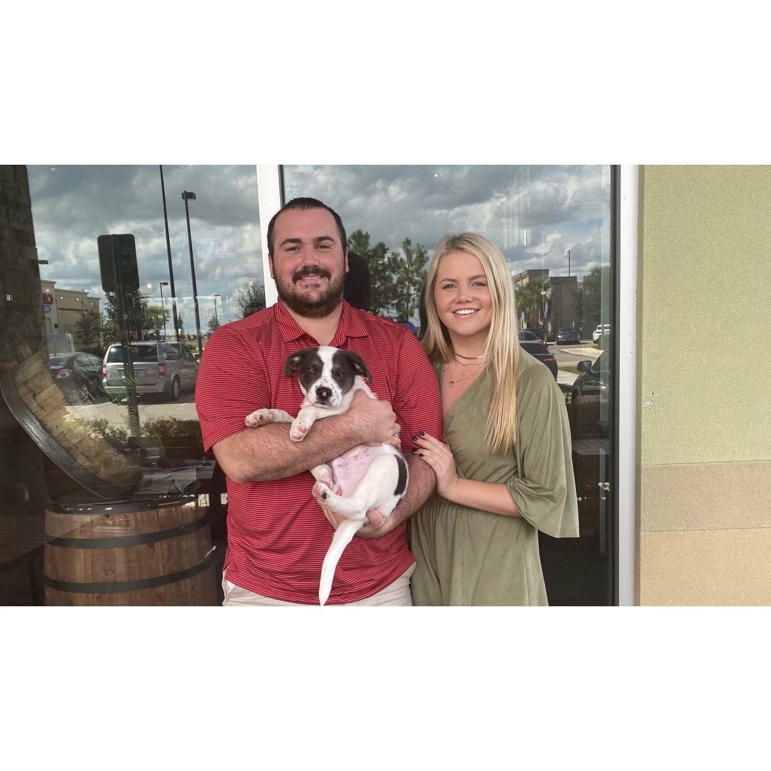 The first family photo with the pup.