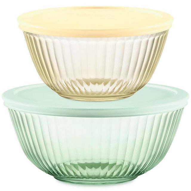 Pyrex Sculpted Tinted 4-PC, Small/Medium Glass Mixing Bowls With Lids, Nesting Space Saving Set of Bowls For Prepping and Baking, 1.3QT & 2.3QT