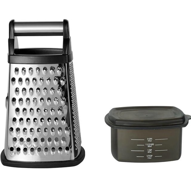KitchenAid Gourmet 4-Sided Stainless Steel Box Grater for Fine, Medium and Coarse Grate, and Slicing, Detachable 3 Cup Storage Container and Measurment Markings, Dishwasher Safe, 10 inches tall, Black