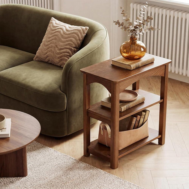 LITTLE TREE 3-Tier Solid Wood End Table, Narrow Side Table with Storage Shelves, Solid Wood Sofa Side Table for Living Room, Slim Nightstand Bedside Table for Bedroom, Chestnut