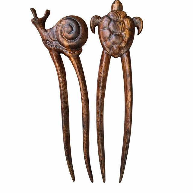Handicraftviet Wood Hair Pin Hand-Carve Hair Forks for Women, Two Prong Hair sticks For Long Hair, 6.29in, Natural Color Wood, Unique Gift Mom, Sister – Set 2 (style 10)