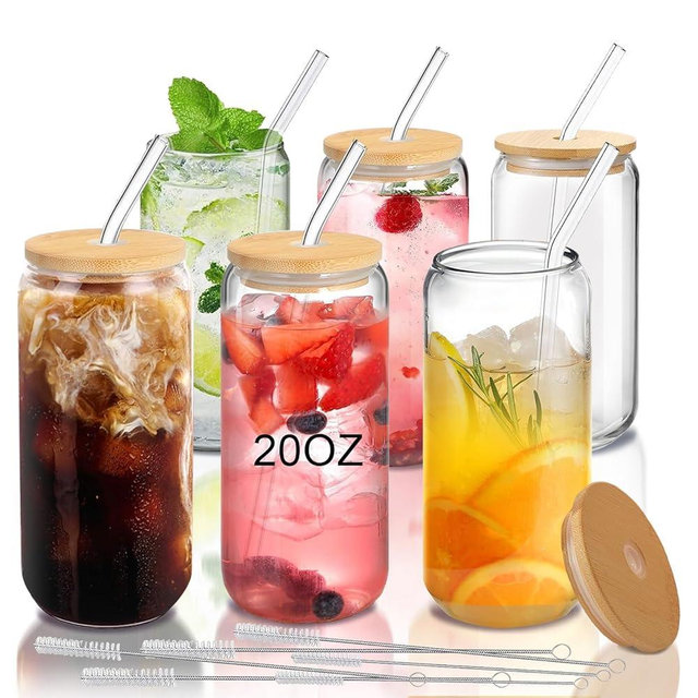 DAMCONME 20oz Glass Cups with Lids and Straws Set of 6 – Large Iced Coffee Tumblers for Couples, Families, or Friends – Reusable Drinkware for Brunch, Home Gatherings, and Holiday Gifting