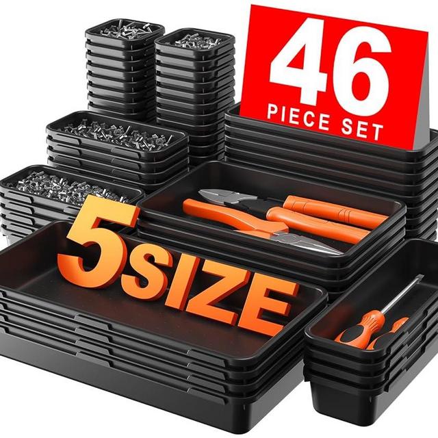 A-LUGEI【𝟰𝟲𝗣𝗖𝗦 & 5 Size】Tool Box Organizer Tray Divider Set, 【Black】 Desk Drawer Organizer, Garage Organization and Storage Toolbox Accessories Rolling Tool Chest Cart Cabinet WorkBench Small Part