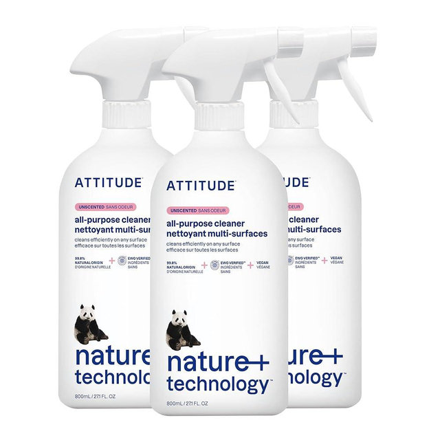 ATTITUDE All Purpose Cleaner Spray, EWG Verified, Vegan, Made with 94% Plant-Based Ingredients, Streak-Free for Kitchen, Bathroom, Glass & More, Unscented, 27.1 Fl Oz (Pack of 3)