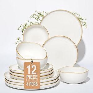 Dinnerware Set for 4, Ceramic Dish Set, Plate and Bowl Set, Microwave & Dishwasher Safe Dishware Set, Chip & Scratch Resistant Dinner Sets, Irregular Edge Design, White