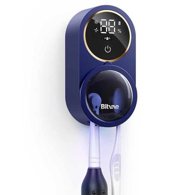 Bitvae Upgraded Tooth Brush Holder for Bathroom 2.0, Infrared Sensing Toothbrush Cleaner, Wall-Mounted for Most Size Toothbrushes, Air Drying, LED Smart Screen, Navy Blue