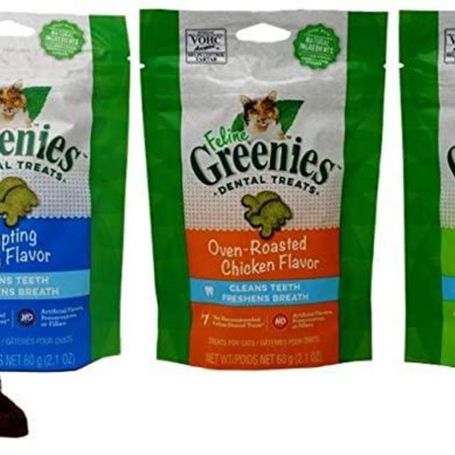Feline Greenies Dental Crunchy Treats for Cats 4 Flavor Variety Pack - (1 Each): Chicken, Tempting Tuna, Savory Salmon, Catnip (2.1 Ounces) - Plus Catnip Toy and Fun Animal Facts Booklet Bundle