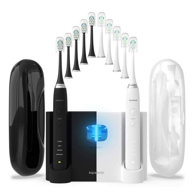 Aquasonic Duo Pro Dual Handle Ultra Whitening Electric Toothbrushes - Black & White