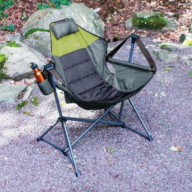 RIO Hammock Camping Chair, Steel, Adjustable Back, Swinging Chair, Folding Rocking Chair with Pillow Cup Holder, Recliner for Outdoor Travel, Water Resistant, Sports Games, Lawn Concerts Backyard