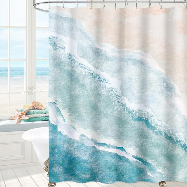 MAYZUS Beach Ocean Themed Shower Curtain, Teal Blue Cute Nautical Coastal Shower Curtains for Bathroom Decor, Summer Tropical Fabric Shower Curtain Set with Hooks, 72x72